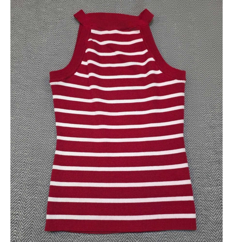 Fashion Red White Striped Ribbed Halter Top Sleeveless Knit High Neck Small 9006